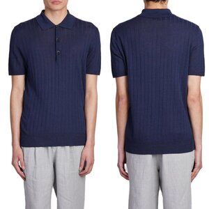 NWT Barena Marco Polo Shirt Ribbed Knit Short Sleeve Navy Linen Blend Sz XL
